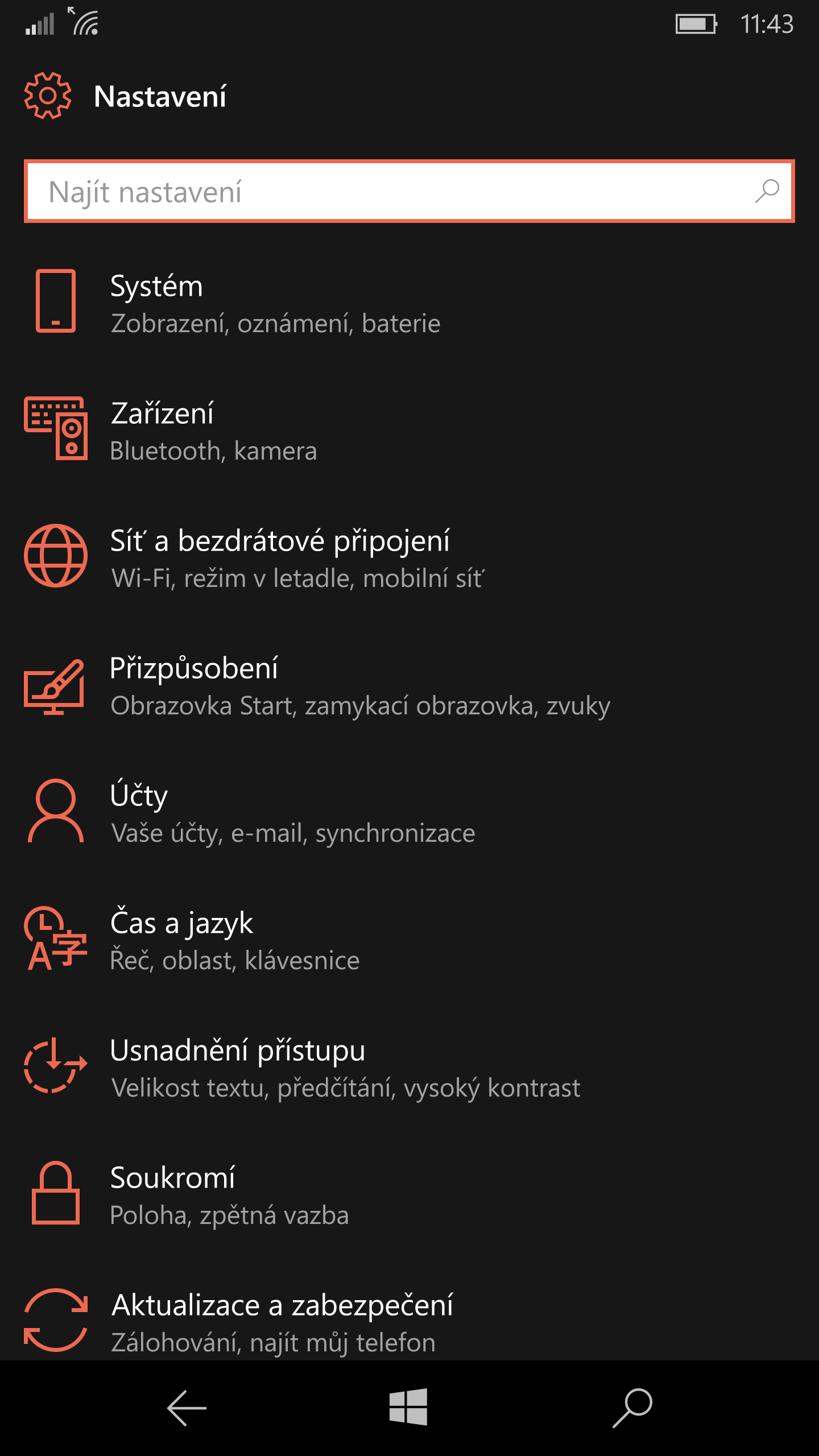 Prostředí nastavení Windows 10 Mobile